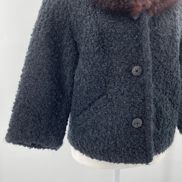 Vintage Winter Black Boucle Knit Brown Mink Collar Short Jacket Button Front S - Picture 7 of 12